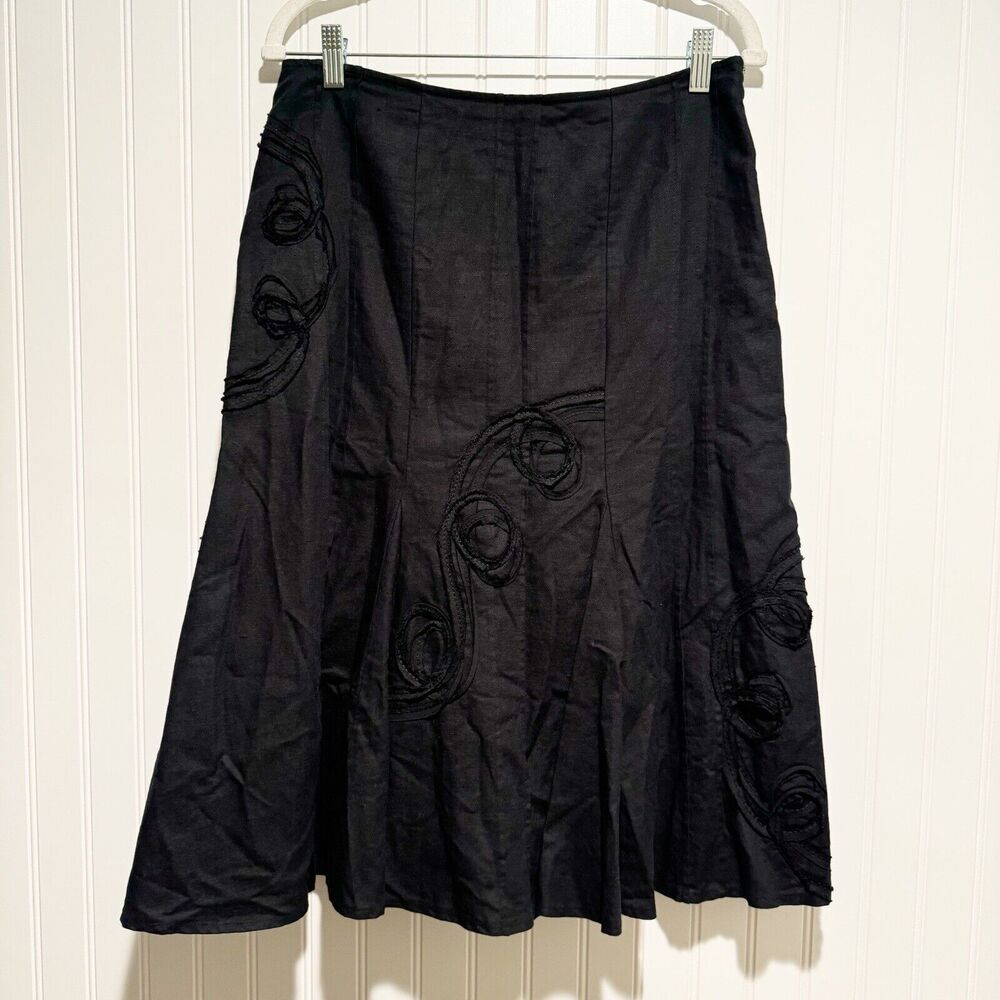 Per Una Black Linen A Line Skirt Linen Blend Appliqués Lagenlook Size 10